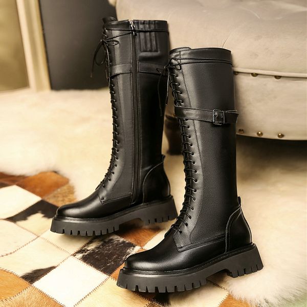 2020 genuine leather high boots women autumn winter warm side zipper cross tied boots women round toe flat knee high, Black
2020 genuine leather high boots women autumn winter warm side zipper cross tied boots women round toe flat knee high, Black