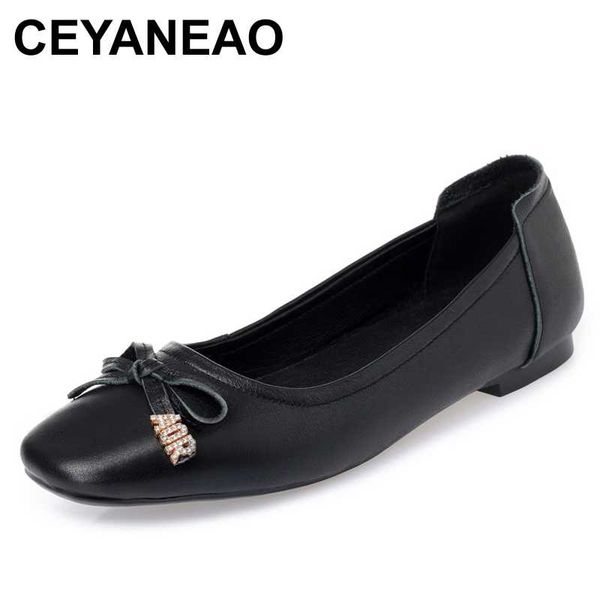ceyaneao2020 women flats spring new genuine leather women casual shoes, fashion plus size 41 42 43 bow mother shoes, Black