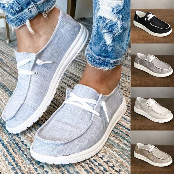 womens summer flat loafers fashion slip on canvas single shoes lace up flat boat shoes outdoor simple causal, Black