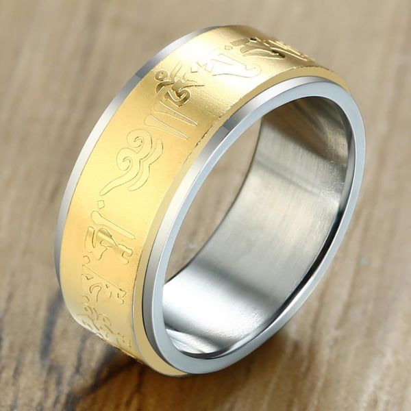men signet om mani padme hum rotating stainless steel religious ring tibetan buddhism rings anillos bague homme anel masculino, Golden;silver