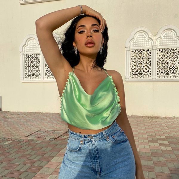 women summer satin silk halter back cross tied ruffled draped v neck sleeveless crop tee partywear, White
women summer satin silk halter back cross tied ruffled draped v neck sleeveless crop tee partywear, White