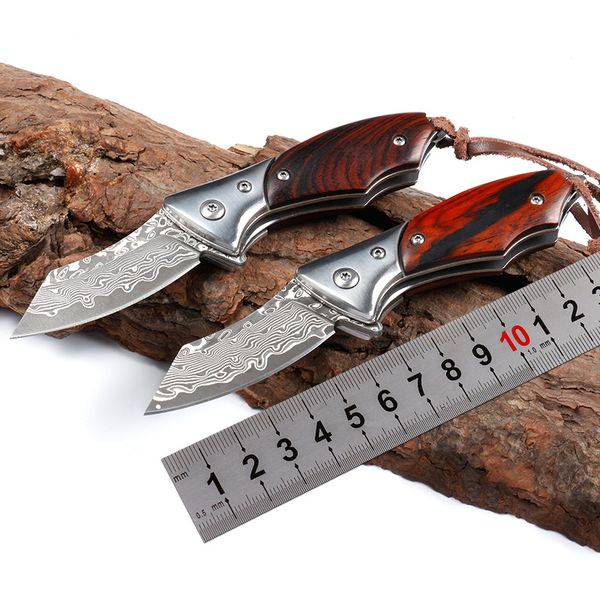 mini rosewood handle sharp damascus blade smooth opening heavy weight tactical folding pocket knife tool