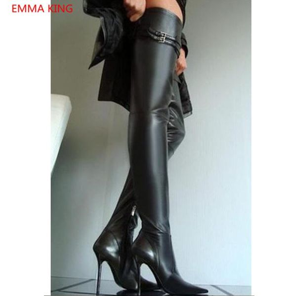 black leather women thigh high boots pointed toe 10cm stilettos high heels women over the knee long boots 2020 winter shoes