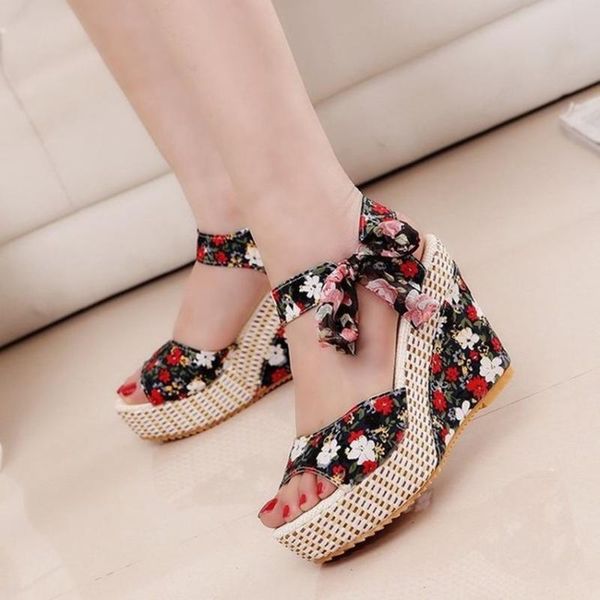 idyllic style wedges with lace lace-up women's shoes, Black