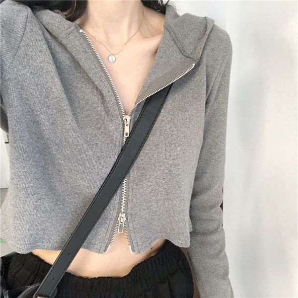 2020 autumn short hooded knit cardigan women's high waist and thin double zipper hooded long sleeve jacket, White
2020 autumn short hooded knit cardigan women's high waist and thin double zipper hooded long sleeve jacket, White