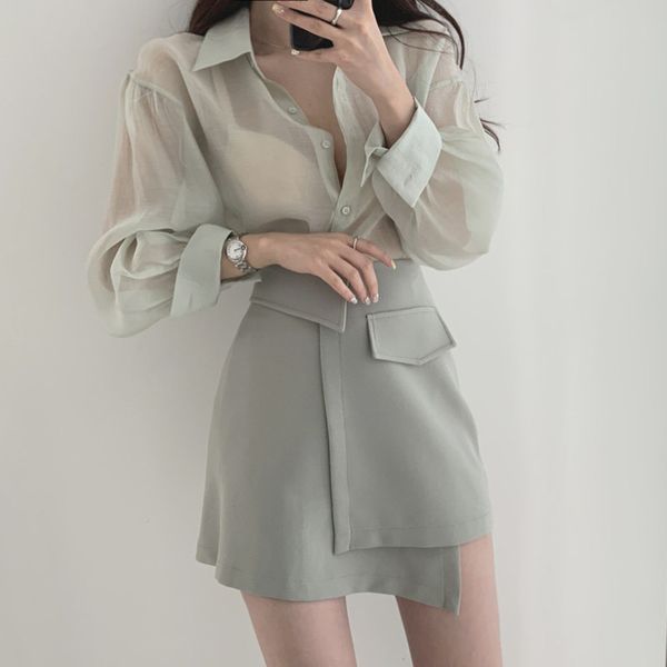women's tracksuits autumn two 2 piece set women outfits single breasted slightly transparent long sleeve blouses and high waist mini sk, Gray
women's tracksuits autumn two 2 piece set women outfits single breasted slightly transparent long sleeve blouses and high waist mini sk, Gray