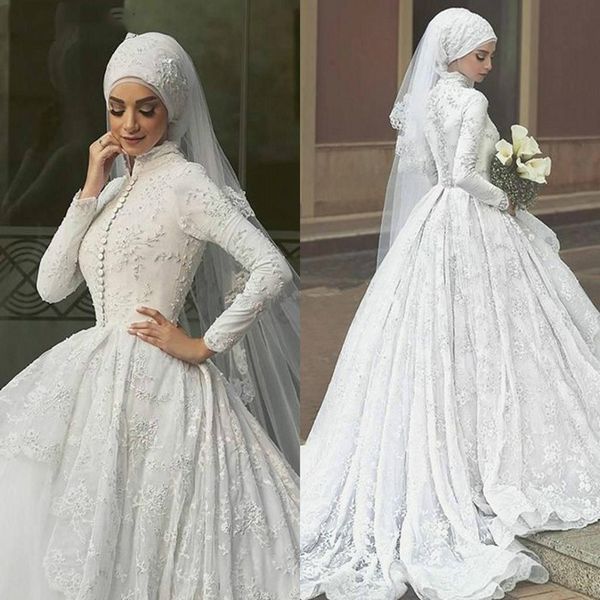 2021 modest muslim lace ball gown wedding dresses high collar long sleeves button beading bridal gowns arabic islamic vestidos de noiva, White
2021 modest muslim lace ball gown wedding dresses high collar long sleeves button beading bridal gowns arabic islamic vestidos de noiva, White