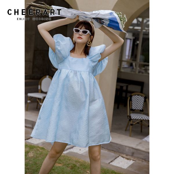 cheerart backless lantern sleeve loose summer dress 2020 light blue square collar open back ruched dress designer fashion, Black;gray