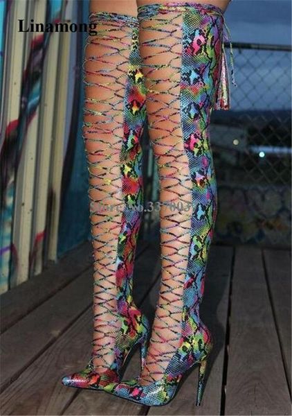 women pointed toe mixed-colors snake leather over knee stiletto heel gladiator boots lace-up cross long high heel boots, Black
women pointed toe mixed-colors snake leather over knee stiletto heel gladiator boots lace-up cross long high heel boots, Black