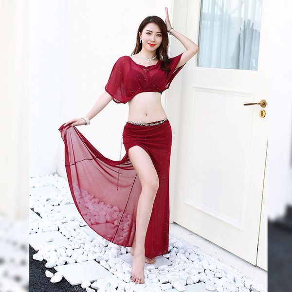 new women practice clothes belly dance split long skirt costumes set 2pcs stage performance skirt clothes, Black;red
new women practice clothes belly dance split long skirt costumes set 2pcs stage performance skirt clothes, Black;red