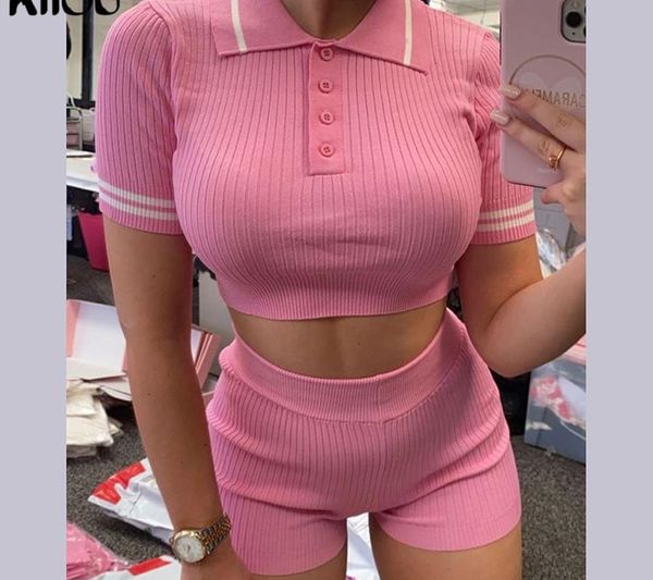 kliou fitness tracksuit women two piece outfits button elastic hight crop biker shorts set casual summer skinny streetwear, Gray 
kliou fitness tracksuit women two piece outfits button elastic hight crop biker shorts set casual summer skinny streetwear, Gray