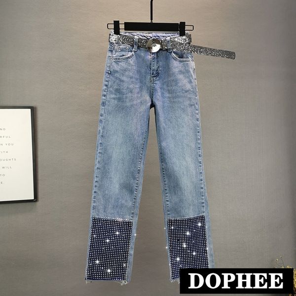 2020 spring new high-waist loose color block drilling straight cropped wide-leg jeans women's denim jean trousers pants, Blue
2020 spring new high-waist loose color block drilling straight cropped wide-leg jeans women's denim jean trousers pants, Blue