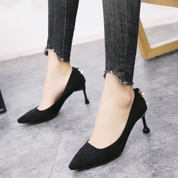 new 7cm pumps single women's shoes 2020 spring new pointed stiletto heel shoes women's fashion high heels, Black