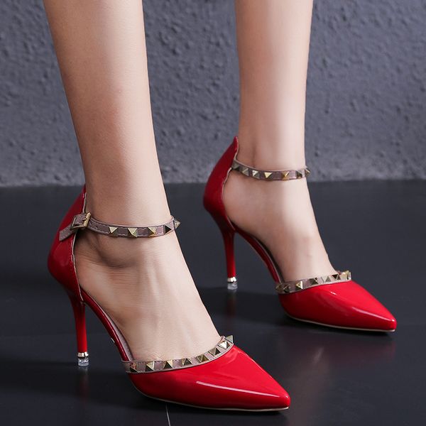 rivet fashion high heels women pumps shoes thin heels wedding party shoes for women sandals pointed toe pu pumps new, Black