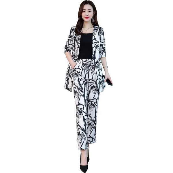 women's two piece pants printed suit overalls office design ladies casual jacket elegant business two-piece jq789, White
women's two piece pants printed suit overalls office design ladies casual jacket elegant business two-piece jq789, White