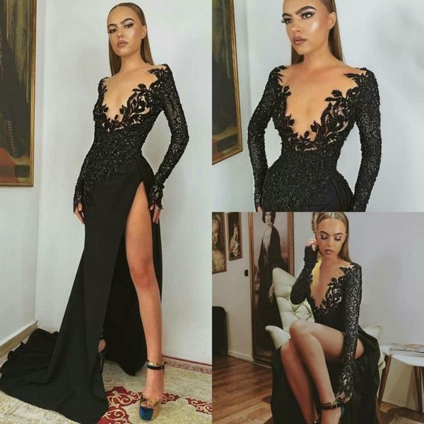 black mermaid prom dresses deep v neck long sleeve lace evening gowns african side split party dress robes de soirée, White;black
black mermaid prom dresses deep v neck long sleeve lace evening gowns african side split party dress robes de soirée, White;black
