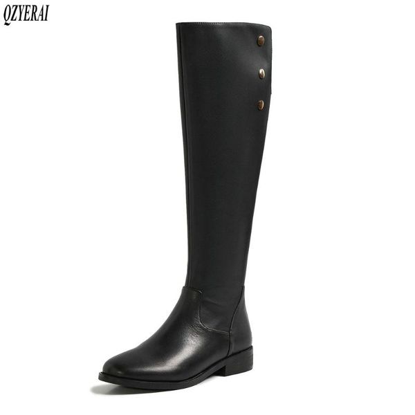 new style knee high boots genuine leather women boots warm winter motorcycle knight snow cowhide women shoes, Black