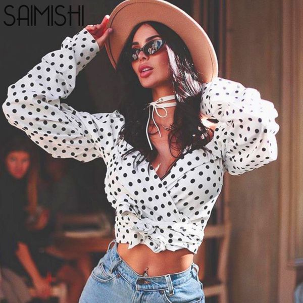 

saimishi polka dot print women white t-shirts spring autumn fashion long sleeve draped detail wrap front lace up crop