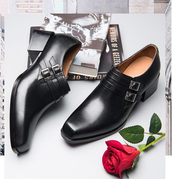 dress shoes genuine leather men 5cm high heels men's square toe business work man height increasing elevator 36-44, Black