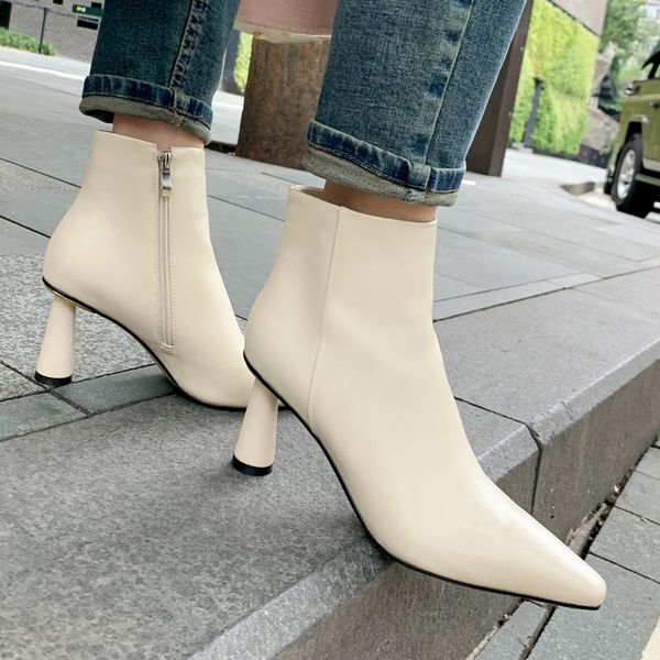 cream color block heel ankle boots women genuine leather pointed toe ankle boots fashion party dress high heeled female, Black 
cream color block heel ankle boots women genuine leather pointed toe ankle boots fashion party dress high heeled female, Black