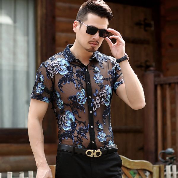 men's casual shirts embroidery men transparent shirt 2021 summer lace for male see through mesh club party prom chemise homme, White;black 
men's casual shirts embroidery men transparent shirt 2021 summer lace for male see through mesh club party prom chemise homme, White;black