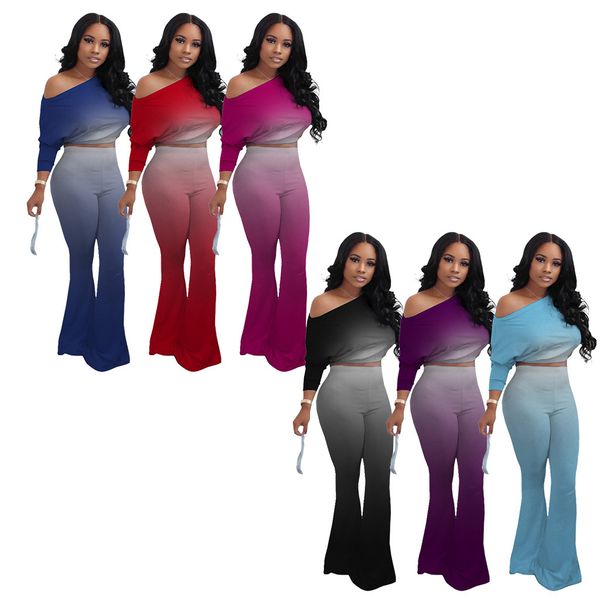 women gradient two piece pants batwing sleeve o-neck tshirt high waist boot cut pant famale casual sets, White
women gradient two piece pants batwing sleeve o-neck tshirt high waist boot cut pant famale casual sets, White