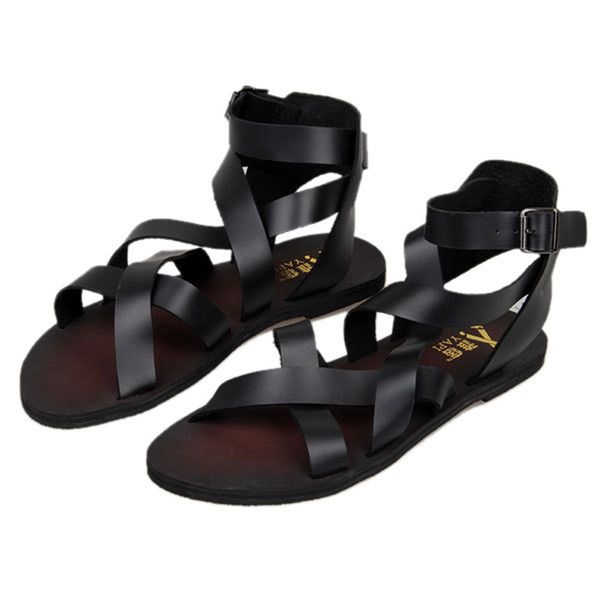 new trendy summer men ankle strap buckle strap beach shoes roman gladiator cross-tied leather sandals, Black
new trendy summer men ankle strap buckle strap beach shoes roman gladiator cross-tied leather sandals, Black