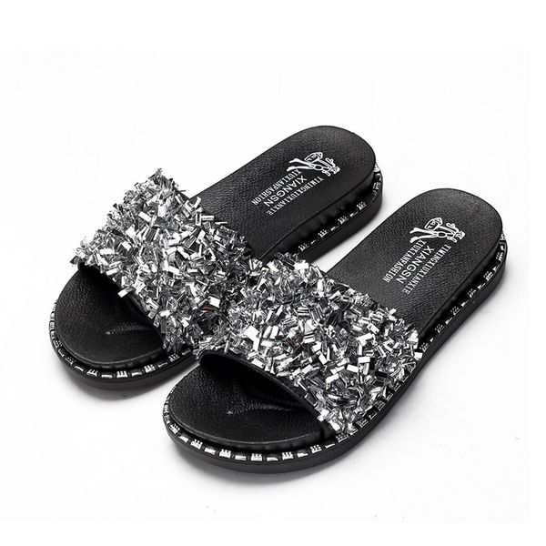 women glitter slippers casual summer flat beach slippers female crystal sequin slides slipper outdoor sandals plus size, Black
women glitter slippers casual summer flat beach slippers female crystal sequin slides slipper outdoor sandals plus size, Black