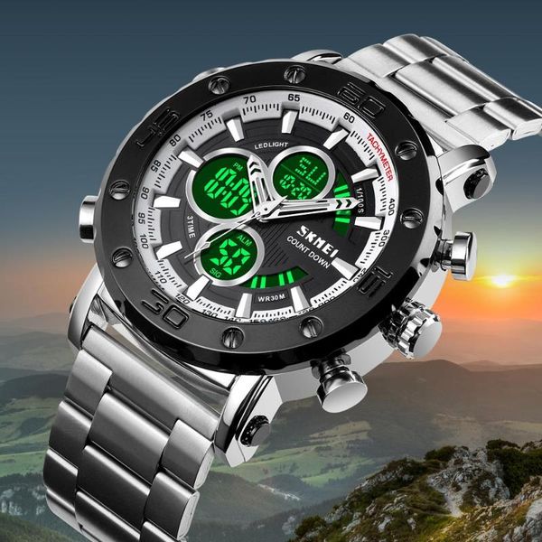 fashion steel stainless strap digital watch skmei men's watches 3 time countdown clock led light electronic watch, Slivery;brown
fashion steel stainless strap digital watch skmei men's watches 3 time countdown clock led light electronic watch, Slivery;brown