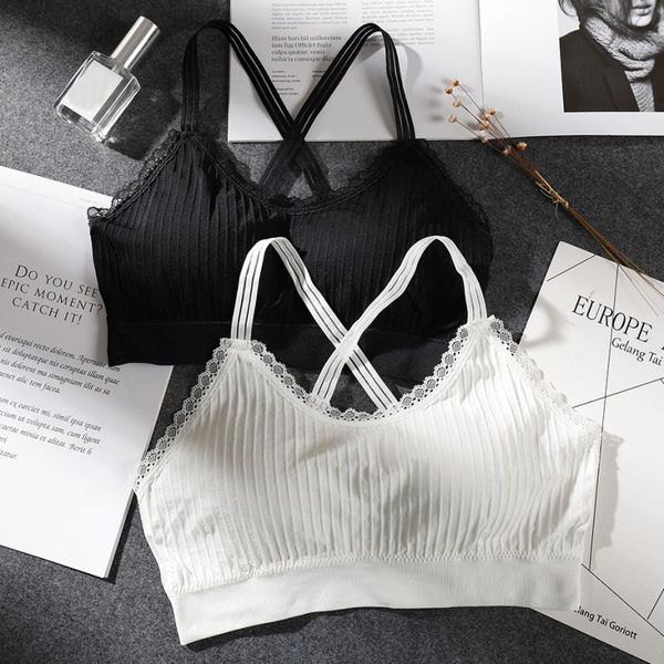 new women's seamless thread double suspenders lace vest cross with padded bra, White;black
new women's seamless thread double suspenders lace vest cross with padded bra, White;black