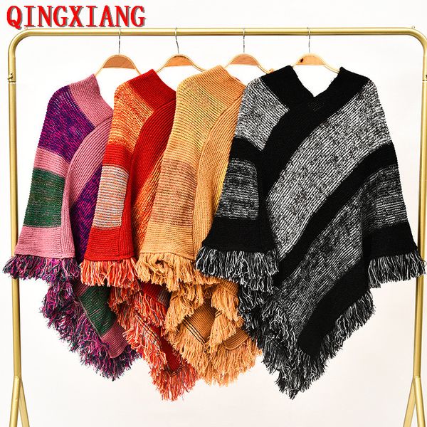 2020 plus size women striped sun protection pullover v neck loose sweater autumn outer street cloak knitted tassel poncho, White;black
2020 plus size women striped sun protection pullover v neck loose sweater autumn outer street cloak knitted tassel poncho, White;black