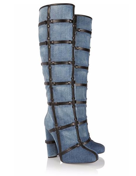 lucky2020 knee-high denim women's single boots high thick heel cross knot leather decorative handmade, Black
lucky2020 knee-high denim women's single boots high thick heel cross knot leather decorative handmade, Black