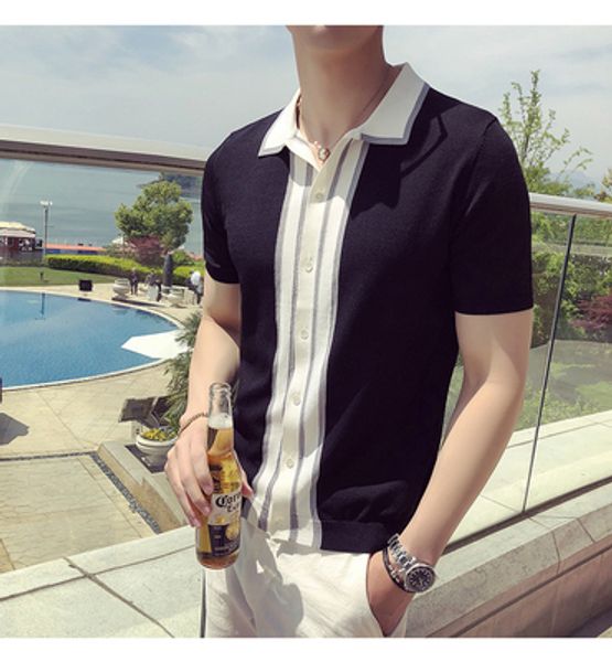 2020 summer gentleman wind color color knit lapel shirt men's short-sleeved sweatshirt slim cardigan, White;black
2020 summer gentleman wind color color knit lapel shirt men's short-sleeved sweatshirt slim cardigan, White;black