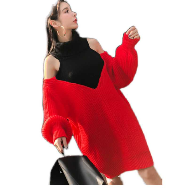 casual dresses fashion knitted korean version color contrast turtleneck off-the-shoulder knit sweater dress, Black;gray
casual dresses fashion knitted korean version color contrast turtleneck off-the-shoulder knit sweater dress, Black;gray