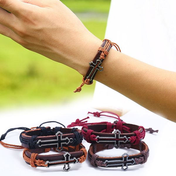 hand-woven leather bracelet with alloy cross bracelet for women men boys girls j55, Red;blue 
hand-woven leather bracelet with alloy cross bracelet for women men boys girls j55, Red;blue