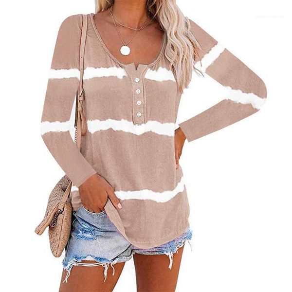 sleeve tshirt button decoration o-neck famale tie dye tees women striped long, White
sleeve tshirt button decoration o-neck famale tie dye tees women striped long, White