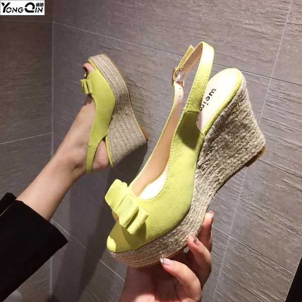 summer fish mouth wedges high-heeled sandals suede sweet bow sandals shoes, Black