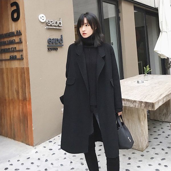 women's wool & blends women autumn winter chic lady woolen coat female mid-long elegant korean style slim outerwear coats abrigo mujer, Black
women's wool & blends women autumn winter chic lady woolen coat female mid-long elegant korean style slim outerwear coats abrigo mujer, Black
