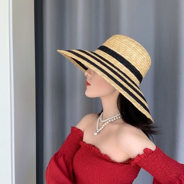 french retro foreign trade original invoice striped wheat straw big hat brim vacation straw hat female sunshade beach, Blue;gray
french retro foreign trade original invoice striped wheat straw big hat brim vacation straw hat female sunshade beach, Blue;gray