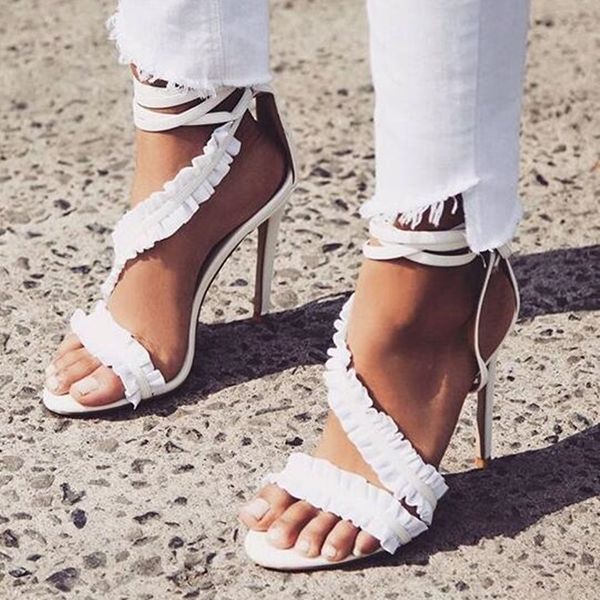 white ruffles decorations high heel sandals open toe lace-up gladiator sandal cutouts thin heels shoe, Black
white ruffles decorations high heel sandals open toe lace-up gladiator sandal cutouts thin heels shoe, Black