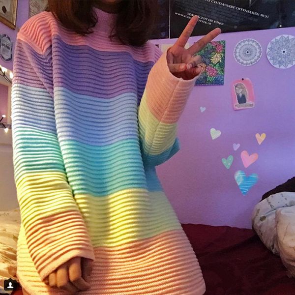 women's sweaters autumn urtleneck rainbow sweater women maccaron color stripes pullover female sweet loose knitted oversized, White;black
women's sweaters autumn urtleneck rainbow sweater women maccaron color stripes pullover female sweet loose knitted oversized, White;black