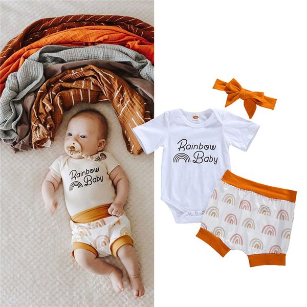 0-24m baby 3pcs summer set short sleeve letter romper + rainbow print shorts + bow hairband toddler baby girls clothes set, White 
0-24m baby 3pcs summer set short sleeve letter romper + rainbow print shorts + bow hairband toddler baby girls clothes set, White
