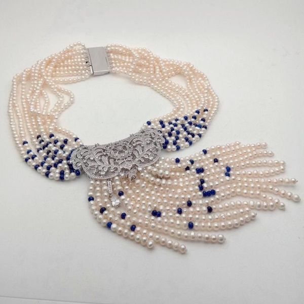 18'' 9 strands freshwater cultured white pearl blue beads necklace cz pendant, Golden;silver
18'' 9 strands freshwater cultured white pearl blue beads necklace cz pendant, Golden;silver