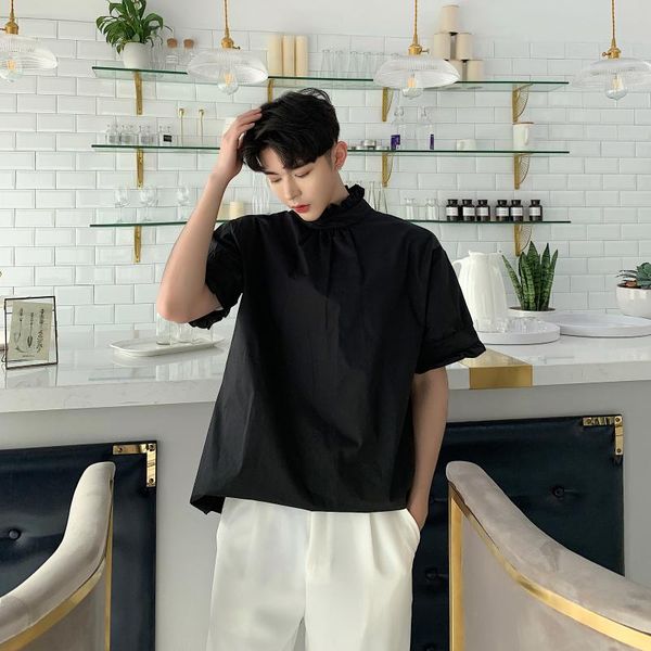 men short sleeve summer wear 2 styles stand collar loose casual shirt male fashion japan streetwear party dress pullover shirts, White;black
men short sleeve summer wear 2 styles stand collar loose casual shirt male fashion japan streetwear party dress pullover shirts, White;black