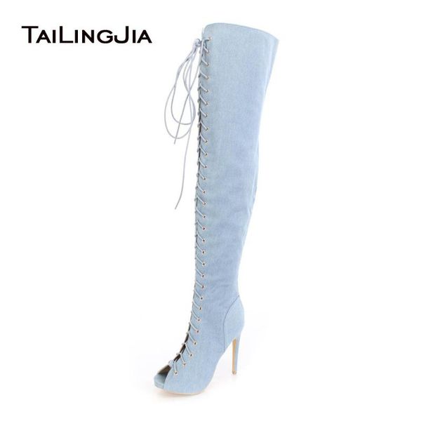 women peep toe over the knee high denim boots lace up high heel thigh boots jeans long with zipper large size, Black
women peep toe over the knee high denim boots lace up high heel thigh boots jeans long with zipper large size, Black