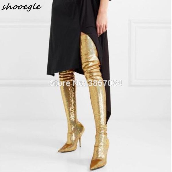 shooegle runway brand gold silver thigh high boots bling sequined stilettos women slim socks overknee booties pointed toe heels, Black
shooegle runway brand gold silver thigh high boots bling sequined stilettos women slim socks overknee booties pointed toe heels, Black