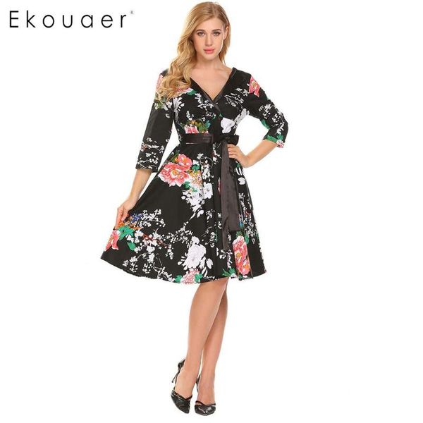 ekouaer women vintage style dresses v-neck 3/4 sleeve belted floral party swing dress, Black;gray
ekouaer women vintage style dresses v-neck 3/4 sleeve belted floral party swing dress, Black;gray