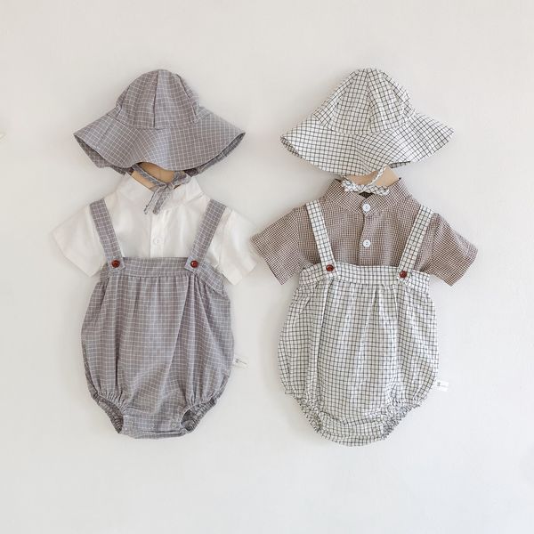 new summer baby bodysuits infant boys girls plaid strap jumpsuit shirt hat outfits fashion newborn baby cotton clothing set, Blue
new summer baby bodysuits infant boys girls plaid strap jumpsuit shirt hat outfits fashion newborn baby cotton clothing set, Blue