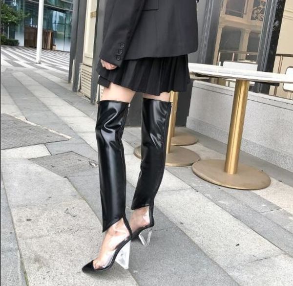 pvc woman sliver black white pointed toe patchwork transparent crystal chunky spike heels zipper thigh over the knee long boots
pvc woman sliver black white pointed toe patchwork transparent crystal chunky spike heels zipper thigh over the knee long boots