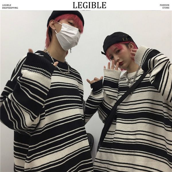 men's sweaters legible oversized sweater men casual winter warm striped pullover male autumn knitted, White;black 
men's sweaters legible oversized sweater men casual winter warm striped pullover male autumn knitted, White;black
